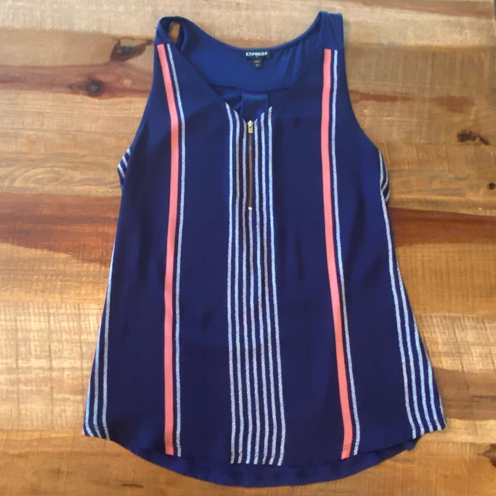 Express Women's Navy Blue and Pink Striped Tank Top Size Small